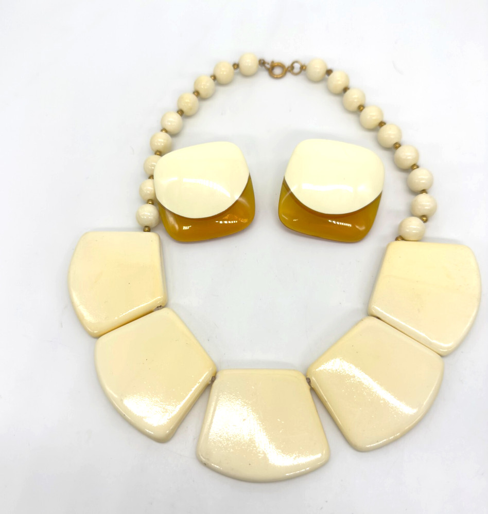 Vintage Necklace and Earring Set Chunky Retro Acrylic Cream Orange Lucite MCM