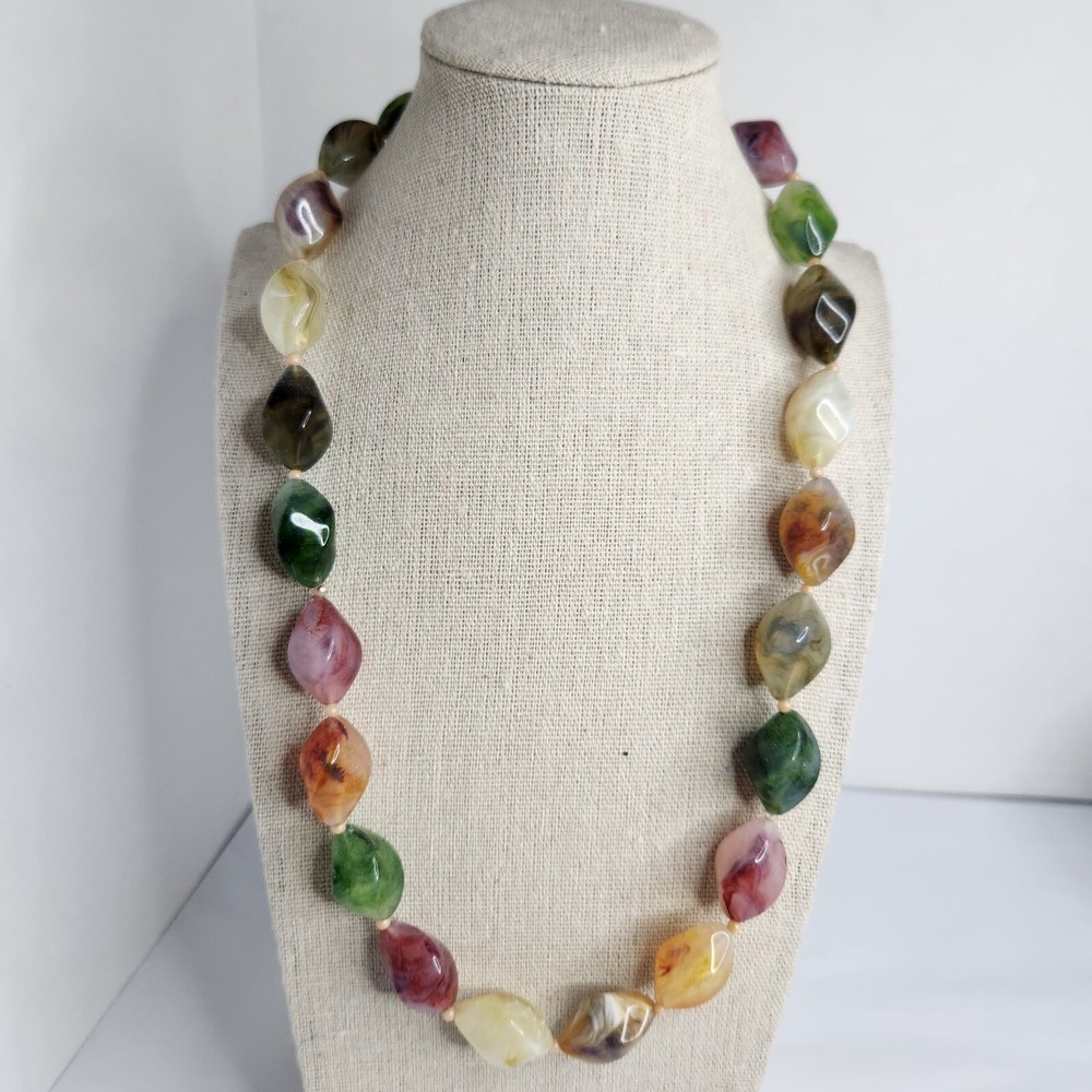 VINTAGE BEAD NECKLACE Colorful Earthy Tone Acrylic Bead 22” Boho Fashion Jewelry