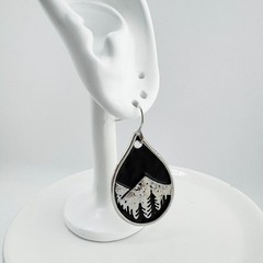 Vintage Mountain Scene Teardrop Earrings Silver Black Nature Outdoorsy Boho