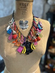 Vintage 80s Bell Clip Charms On Plastic Cameo Necklace Chain Black Nice Lot Rare