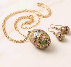 Vintage Chinese Cloisonné Enamel Egg Pendant Necklace & Earrings Set Gold Tone