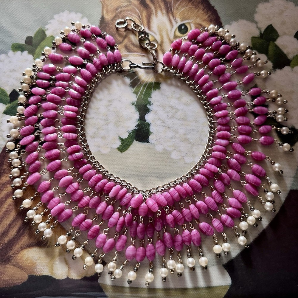 Vintage Pink Art Glass Faux Pearl Fringe Bib Statement Necklace Dramatic Runway