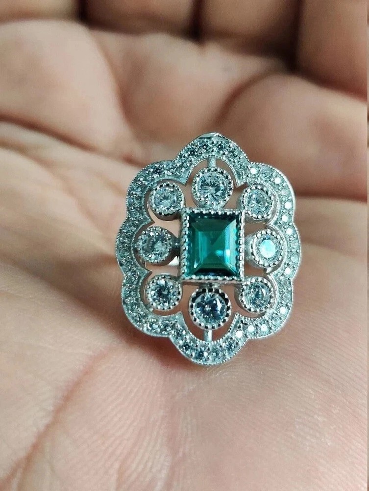 Art Deco Style Lab Created Diamond & Emerald Anniversary 14K White Gold FN Ring