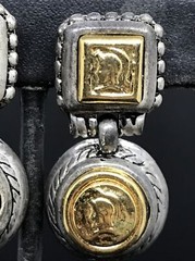 Vintage Costume Fashion Jewlery Silver tone Faux Roman Coin Clip-on Earrings