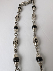 925 Taxco Sterling Silver Black Onyx Gem Bead & Barrel Long Chain Necklace 32″