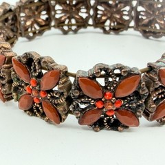 Vintage Boho Floral Bracelet Burnished Copper with Red Stones
