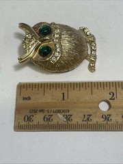 Vintage Gold-Tone Owl Brooch Pin with Green Glass Eyes Clear Rhinestone Accents