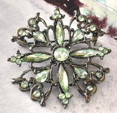 Vintage Beautiful Jet Black Metal Bright Green Marquis Rhinestone 2″ Brooch Pin