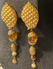 Vtg KATE HINES Signed Convertible Gold Tone Amber Lucite Couture Clip Earrings