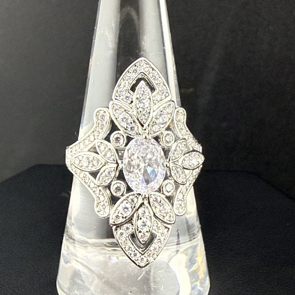 Vintage Ring Art Deco Revival Silver Tone Rhinestone