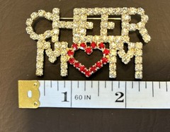 CHEER MOM SILVER TONE CLEAR RHINESTONES Statement RED HEART LARGE