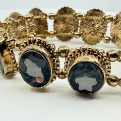 VTG Antique Gold Tone Smoky Gray Crystal Oval Panel Link Stretch Bracelet Boho