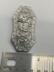 Vintage Silver Tone Scenic Brooch Pin Asian Figures Garden Floral Landscape 3 In