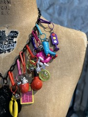 Vintage 80s Bell Clip Charms On Plastic Cameo Necklace Chain Black Nice Lot Rare