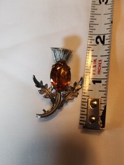 Vintage Sterling Silver Scottish Thistle Brooch With Gold Oval Rhinestone