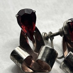Vintage Sterling Silver pear shaped red stone Screw Back Earrings, 925