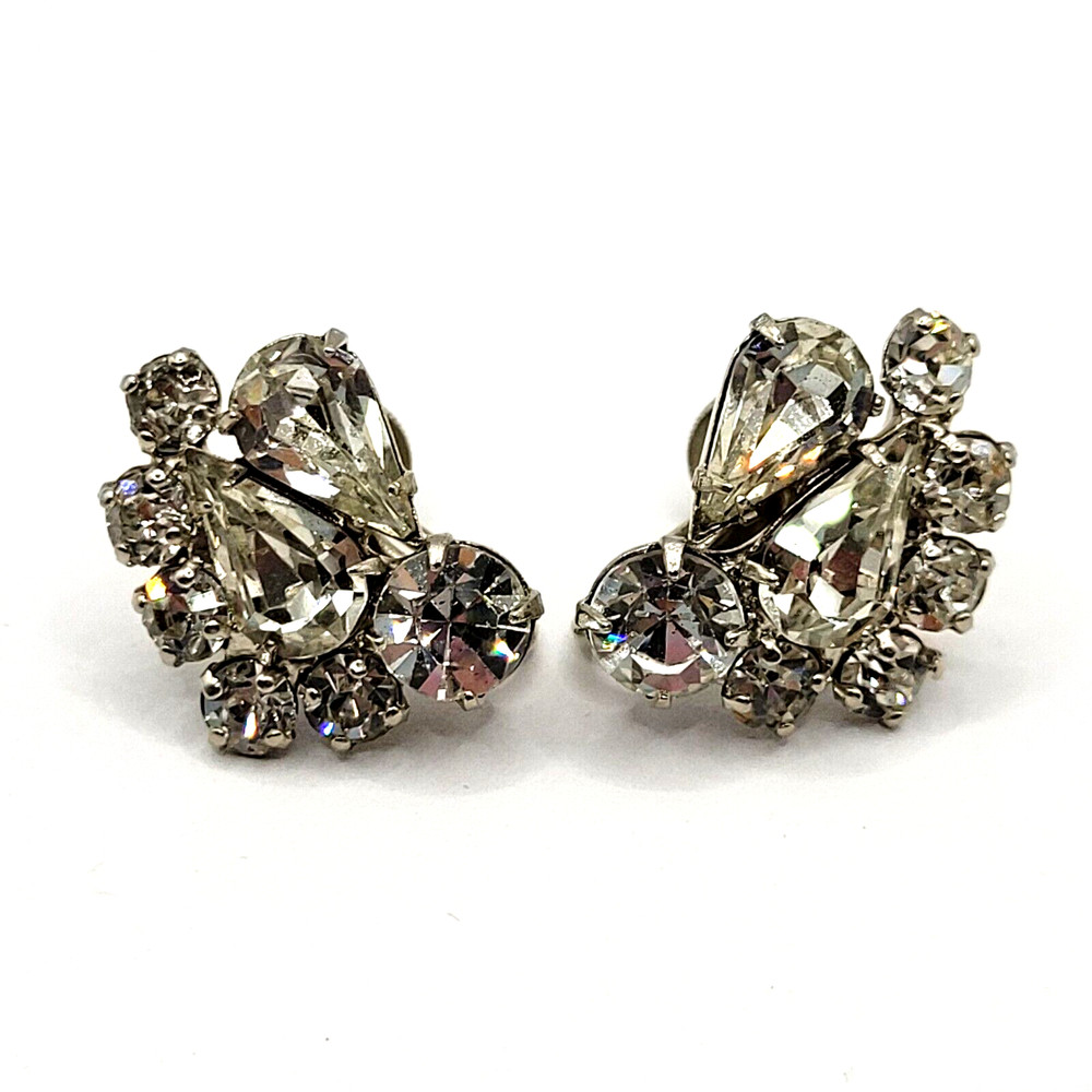 Clear Rhinestone Climber Sparkle Prism Fancy Event Vintage Screwback Earrings