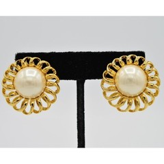 Marvella Vintage Clip On Earrings Chunky Faux Pearl Gold Signed 1980s 80s NOS W5