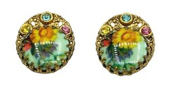 West Germany Rhinestone Earrings Floral Cabochon Signed Costume Jewelry Vintage