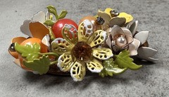 Vintage MCM Enameled Cluster Petals / Crystals Flowers and Leaves Brooch 2 1/4″