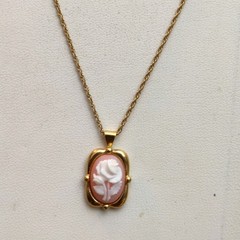 Crown Trifari Necklace Stamp Floral Cameo Pendant Gold Toned Vintage 1950 1970s