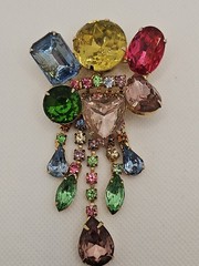 Vintage Chandelier Large Brooch & Earrings Multicolor Rhinestones Set