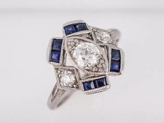 Art Deco Style Lab Created Diamond & Sapphire Wedding 14k White Gold Finish Ring