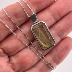 Vtg Golden Straw Rutilated Quartz Pendant Sterling Silver Necklace Box Chain 24”