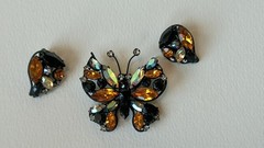 Vintage 1950s metal rhinestone butterfly brooch and matching earring set