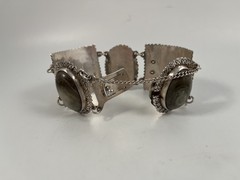 VINTAGE SILVER MEXICO BEIGE & WHITE AGATE PANEL BRACELET 7.25