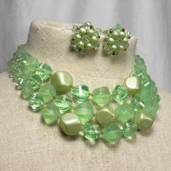 Vintage 50s Green Bauble Necklace Earrings Jewelry Set Frosted Opaque W Germany