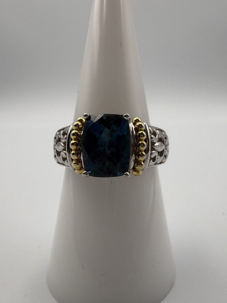 925 Sterling Silver And Gold Tone Blue Spinel Ring Size 8