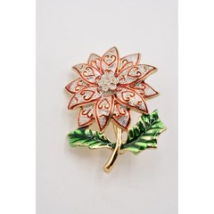 Vintage Christmas Flower Pin Brooch Glitter Enamel Red Silver Gold NOS BinA3