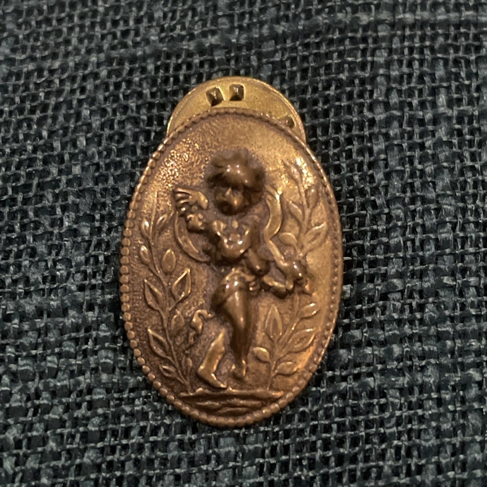 Brass Toned Oval Cherub Floral Pin Brooch