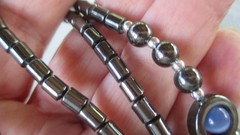 VINTAGE HEMATITE AND BLUE CAT’S EYE 18″ NECKLACE