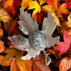 Vtg Jasper Stone Maple Leaf Brooch Pin Cabochon Silver Tone Autumn Harvest Fall