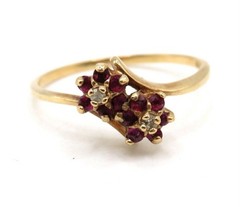 vtg 10K Yellow Gold Ring Sz 8.75″ w 2 Flower 12 Rubies & 2 Diamonds Dainty-2.67g