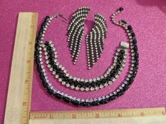 Vintage Jet Black & Clear Rhinestone Necklace Bracelet & Pierced Earrings SET
