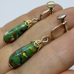 Vtg Japanese Green Millefiori Glass Teardrop Dangle Statement Earrings Screwback