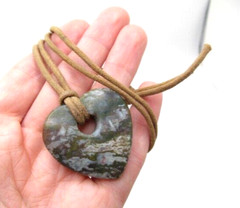 Vintage Green Marble Picasso Jasper Heart Brown Leather Cord Stone Necklace