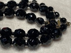 Vintage M.I. Western Germany Black Faceted Glass Necklace 16” + Earrings