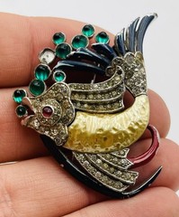 Trifari Alfred Philippe Antique Pearl Belly Fish Enamel Glass Brooch Pin