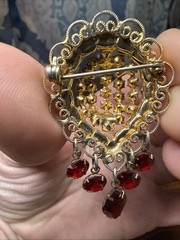 Vintage Gold Tone Red And Pink Dangling Lace Border Brooch