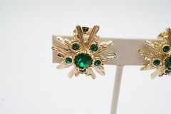 Vintage Clip On Earrings Gold Tone Green Rhinestone G8