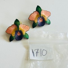 VTG Cloisonne Orchid flower earrings enamel chunky pierced Secret Garden Chic
