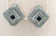 Vintage Judith Jack Sterling Silver 925 Square Stud Marcasite Clip On Earrings