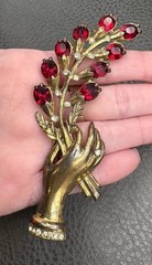Vintage 4.25” HUGE Pot Metal Hand Holding Flowers Brooch Red Rhinestone