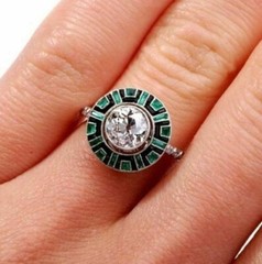 Art Deco Lab-Created Diamond & Emerald With Enamel Engagement 925 Silver Ring