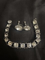 Antique Art Deco Sterling Silver 925 Paste Diamond Bracelet 7.2”Earrings Set 30s