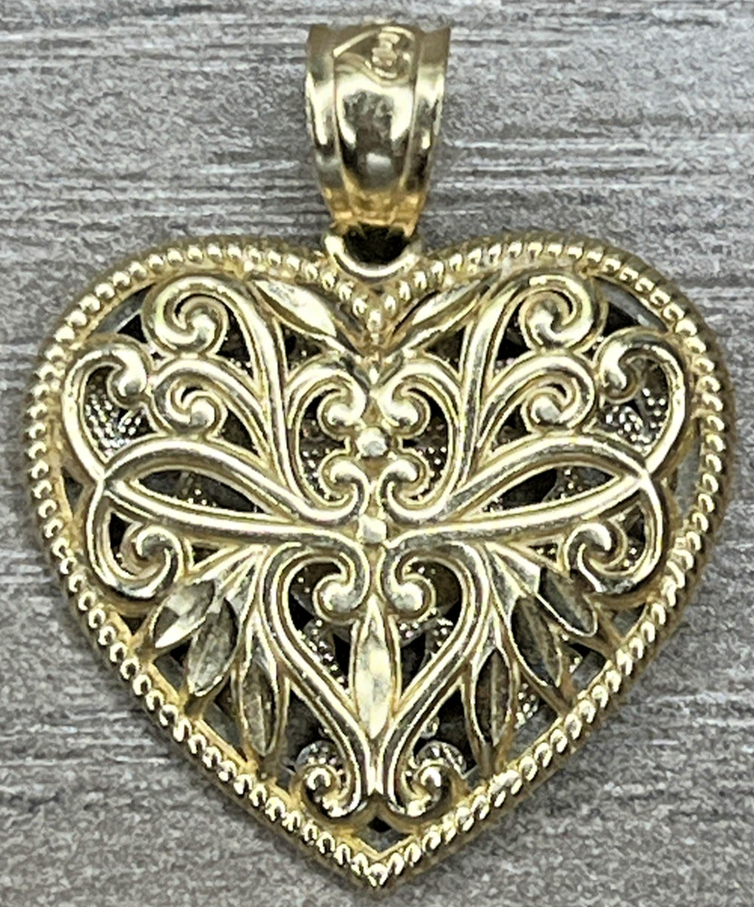 Vintage 14K Yellow Gold White Gold Reversible Filigree Heart Pendant 2.2g Signed